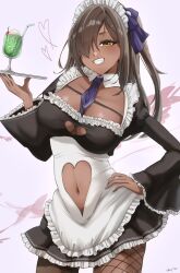 1girl alternate_costume apron breasts brown_hair clothing_cutout cowboy_shot dark-skinned_female dark_skin goddess_of_victory:_nikke grin hair_over_one_eye hand_on_own_hip heart_cutout highres large_breasts maid maid_apron maid_headdress mole mole_on_breast mole_under_mouth naga_(nikke) navel navel_cutout shupita smile solo yellow_eyes