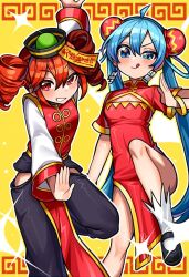 2girls ahoge alternate_costume ankle_socks black_hat black_pants black_shoes blue_hair bracelet breasts china_dress chinese_clothes double-parted_bangs dress drill_hair feet_out_of_frame grin hair_between_eyes hat hatsune_miku jacket jewelry kakosa_sama kasane_teto long_sleeves mary_janes multiple_girls odochina_(vocaloid) ofuda ofuda_on_head pants red_jacket shoes short_sleeves small_breasts smile socks standing standing_on_one_leg tongue tongue_out twin_drills twintails utau vocaloid white_sleeves white_socks yellow_background