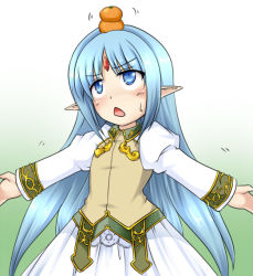 1girl bad_anatomy bad_hands balancing blue_eyes blue_hair blush dress female_focus food food_on_head fruit gradient_background kalar_(race) looking_up matching_hair/eyes object_on_head open_mouth orange_(fruit) outstretched_arms pointy_ears quality rance_(series) rance_quest reset_kalar shimo_(depthbomb) simple_background solo spread_arms standing sweatdrop white_background