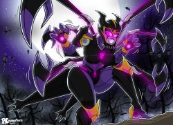 1girl airachnid arthropod_limbs black_panties breasts colored_skin decepticon high_heels highres humanoid_robot large_breasts panties pink_eyes platinumknightda purple_lips purple_skin robot thick_thighs thighs transformers transformers_prime underwear