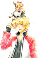 1boy 1girl apron black_dress blonde_hair blue_eyes bow capelet crossover doll dress fatal_fury fingerless_gloves garou:_mark_of_the_wolves gloves hair_bow jacket looking_at_viewer looking_up m.u.g.e.n pointing pointing_up red_bow red_eyes red_sleeves rock_howard shanghai_doll short_hair sitting sitting_on_head sitting_on_person smile torikokoro touhou white_apron white_capelet