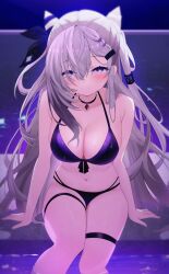 Rule 34 | 1girl, absurdres, alternate costume, asymmetrical hair, asymmetrical sidelocks, bikini, black bikini, black choker, black ribbon, blue eyes, blurry, blurry background, blush, braid, braided bangs, breasts, choker, cleavage, commentary, cone hair bun, daf (daf 4), double-parted bangs, double bun, english commentary, front-tie bikini top, front-tie top, grey hair, grin, hair bun, hair ornament, hair over one eye, hair ribbon, hairclip, halterneck, highres, hololive, hololive indonesia, large breasts, long hair, looking at viewer, multi-strapped bikini bottom, navel, night, pendant choker, pool, ribbon, sidelocks, sitting, smile, soaking feet, solo, stomach, string bikini, swimsuit, thigh strap, two side up, very long hair, vestia zeta, virtual youtuber