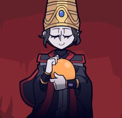 1girl amber_(gemstone) black_hair blue_robe closed_eyes closed_mouth commentary crossover egg elden_ring english_commentary gem hat helltaker highres holding holding_egg pale_skin parody red_background rennala_queen_of_the_full_moon robe shi_ling_yu simple_background smile solo style_parody vanripper_(style) wizard_hat