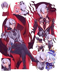 1boy 3girls arlecchino_(cinder_of_two_worlds&#039;_flames)_(genshin_impact) arlecchino_(genshin_impact) black_gloves black_hat black_pants black_streaks blonde_hair bloominflowers blue_eyes blue_streaks coat crossed_legs crown furina_(genshin_impact) genshin_impact gloves grey_coat grey_hair hair_between_eyes hat heart highres kazuya_guy_(meme) looking_at_viewer lyney_(genshin_impact) meme multicolored_hair multiple_girls multiple_views open_mouth pants peruere_(genshin_impact) red_eyes sitting speech_bubble streaked_hair tard_wife_(meme) top_hat