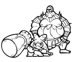 Rule 34 | 1boy, armor, borrowed weapon, crossover, dark souls (series), dark souls i, executioner smough, full armor, hammer, holding, holding hammer, holding weapon, lineart, monochrome, name omoitukan2, nintendo, pokemon, pokemon (creature), simple background, thick lineart, tinkaton, weapon, weapon connection, white background
