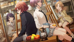 4girls asakura_toru black_socks blue_eyes food fruit fukumaru_koito highres higuchi_madoka ichikawa_hinana idolmaster idolmaster_shiny_colors long_hair multiple_girls necktie noctchill_(idolmaster) official_art paint paintbrush pear pencil school_uniform sitting socks third-party_source