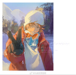 1boy beanie black_gloves brown_hair coat commentary_request gloves goggles goggles_around_neck grin hanamura_yousuke hat lee999nine looking_at_viewer male_focus outdoors persona persona_4 persona_4_the_golden red_coat shirt short_hair smile solo v white_hat white_shirt winter