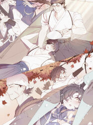 2boys absurdres age_progression aged_down alternate_costume bandage_over_one_eye blue_hakama branch brown_hair brown_hakama couple daikon date_masamune_(sengoku_basara) eyepatch facial_scar hakama hakama_pants hand_fan head_out_of_frame highres hikatwinkle holding holding_branch holding_fan imminent_kiss japanese_clothes katakura_kojuurou_(sengoku_basara) kimono lap_pillow lying male_focus multiple_boys multiple_views on_back pants radish scar scar_on_cheek scar_on_face sengoku_basara short_hair slit_pupils sweat white_kimono yaoi yellow_eyes
