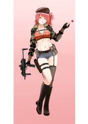 1girl absurdres black_gloves blue_shorts boots breasts candy cheeta_(girls&#039;_frontline_2) cleavage cosplay cropped_jacket expressionless fingerless_gloves food full_body garter_straps girls&#039;_frontline girls&#039;_frontline_2:_exilium gloves gun h&amp;k_mp7 hair_ornament hairclip hand_up hat high_heel_boots high_heels highres holding holding_candy holding_food holding_lollipop holster jacket just98 knee_boots lollipop lollipop_in_mouth long_hair looking_to_the_side medium_breasts midriff military_jacket mp7_(girls&#039;_frontline) navel orange_eyes red_hair short_shorts shorts side_ponytail single_thighhigh solo standing stomach submachine_gun thigh_holster thighhighs thighs weapon