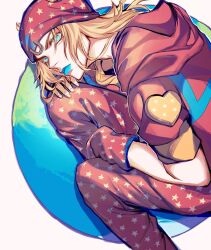 Rule 34 | beanie, blonde hair, blue eyes, blue lips, commentary request, feet out of frame, hat, heart ornament, highres, hood, hoodie, horseshoe hat ornament, johnny joestar, jojo no kimyou na bouken, looking at viewer, medium hair, orange sleeves, pants, red hat, red hoodie, red pants, red sleeves, rrrrmiuh, short sleeves, star (symbol), star print, steel ball run, two-tone sleeves, wristband