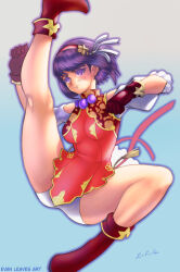 1girl asamiya_athena bike_shorts boots breasts clothes_lift curvy dress evanleaves evanleavesart female_focus flexible gloves gymnastics hairband highres huge_breasts large_breasts leg_up pale_skin pants purple_eyes purple_hair short_hair skirt skirt_lift star_(symbol) the_king_of_fighters thick_thighs thighs wide_hips