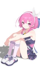 1girl absurdres bare_arms bare_legs bare_shoulders blue_panties blue_ribbon blue_shirt blue_skirt bow bow_hairband braid breasts c-r-carlos chinese_commentary closed_mouth collarbone commentary fang full_body hair_between_eyes hair_ornament hair_over_shoulder hair_ribbon hairband hairclip hamartia_(yi_shijie_chaoji_zhanzheng) highres kneehighs knees_up long_hair looking_at_viewer miniskirt multicolored_shirt own_hands_together panties pantyshot pink_eyes pink_hair pink_pupils pink_shirt pink_skirt pink_socks pleated_skirt ribbon shadow shirt shoes simple_background sitting skirt sleeveless sleeveless_shirt small_breasts smile sneakers socks solo star_(symbol) striped_ribbon twin_braids underwear white_background white_bow white_hairband white_shoes yi_shijie_chaoji_zhanzheng