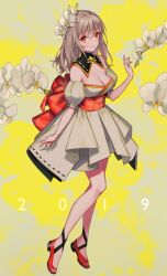 1girl 2019 blonde_hair blush breasts cleavage closed_mouth commentary detached_sleeves dress flower full_body hair_flower hair_ornament hand_up highres looking_at_viewer medium_breasts medium_hair obi orange_eyes original sash smile solo symbol-only_commentary thighs white_dress white_flower yutsumoe