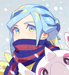 1boy blue_eyes blue_hair blue_scarf cetoddle commentary_request grey_background grusha_(pokemon) jacket kurochiroko looking_at_viewer male_focus nintendo outdoors pokemon pokemon_(creature) pokemon_sv scarf scarf_over_mouth snowing striped_clothes striped_scarf upper_body watermark yellow_jacket