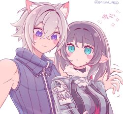 1boy 1girl animal_ear_fluff animal_ears aqua_eyes black_hair blush breasts cat_boy cat_ears closed_mouth commentary_request crossed_bangs fur-trimmed_jacket fur_trim grey_hair hair_between_eyes hetero highres jacket jane_doe_(zenless_zone_zero) mnm_940 mouse_ears mouse_girl purple_eyes red_hair seth_lowell simple_background sleeveless sparkle trembling upper_body white_background zenless_zone_zero