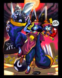 Rule 34 | akuma (street fighter), artist name, blue skin, bracelet, chain, chinese clothes, clothing cutout, colored skin, commentary, darkstalkers, dreaminerryday, english commentary, full moon, gem, green gemstone, highres, hsien-ko, jewelry, mei-ling (darkstalkers), moon, ofuda, red gemstone, short hair, speech bubble, spike ball, spiked bracelet, spikes, yellow gemstone