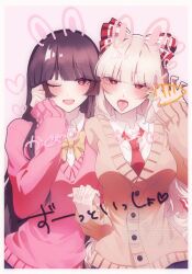 2girls black_hair black_skirt bow bowtie breasts fang fujiwara_no_mokou hair_bow hand_in_own_hair highres hime_cut holding_hands houraisan_kaguya long_hair long_sleeves looking_at_viewer medium_breasts multiple_girls necktie one_eye_closed open_mouth paw_pose pink_background pink_sweater red_eyes red_necktie school_uniform shirt skin_fang skirt small_breasts smile somei_ooo sweater tongue tongue_out touhou upper_body very_long_hair watermark white_hair white_shirt yellow_bow yellow_bowtie yellow_sweater