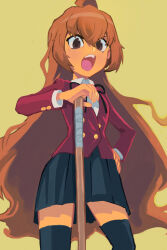 1girl absurdres ahoge aisaka_taiga angry brown_eyes brown_hair highres jacket long_hair looking_at_viewer open_mouth school_uniform shinai solo sword thighhighs toradora! very_long_hair weapon yokadokadon zettai_ryouiki