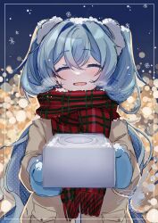 1girl absurdres blue_background blue_hair blue_mittens blurry bokeh box brown_coat closed_eyes coat depth_of_field enpera fur-trimmed_sleeves fur_trim hatsune_miku highres holding holding_box long_hair mittens open_mouth plaid_clothes plaid_scarf red_scarf scarf signature smile snow snowflakes snowing solo twintails upper_body vocaloid yukia_1128