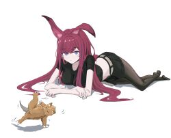 1girl :| arknights belt black_pantyhose black_shirt black_shorts breasts cat_breakdancing_(meme) cleavage closed_mouth creature crossed_arms expressionless full_body grey_belt highres large_breasts long_hair looking_at_viewer meme midriff motion_lines no_gloves no_headwear pantyhose pantyhose_under_shorts purple_eyes purple_hair rabbit_girl ray_(arknights) sandbeast_(arknights) see-through_cleavage see-through_clothes shadow shirt shorts simple_background single_ear_down solo very_long_hair white_background zhenjie20