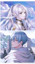 1boy 1girl blue_eyes blue_hair blue_sky blurry blurry_background border cloud cloudy_sky commentary_request earrings frieren hair_between_eyes hashtag-only_commentary henoopd highres himmel_(sousou_no_frieren) jacket jewelry long_hair looking_back looking_to_the_side mole mole_under_eye mountainous_horizon parted_lips pointy_ears portrait short_hair sky sousou_no_frieren twintails white_border white_hair white_jacket