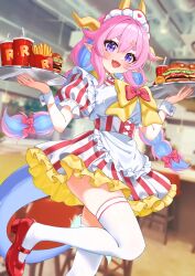 1girl 4kimizuki :d absurdres apron blue_hair blurry blurry_background blush borrowed_character bow bowtie breasts burger buttons ceiling chair counter cup disposable_cup double-parted_bangs dragon_girl dragon_tail dress fangs food framed_breasts french_fries frilled_apron frills hair_between_eyes hair_bow hair_flaps hands_up happy heart_button highres holding holding_tray horizontal-striped_dress horns indoors knee_up large_bow large_breasts long_hair looking_at_viewer mary_janes multi-tied_hair multiple_horns nail_polish open_mouth original pink_hair pink_nails pointy_ears purple_eyes purple_tail red_bow red_bowtie red_dress red_shoes second-party_source shoes single_sidelock smile solo standing standing_on_one_leg star-shaped_pupils star_(symbol) striped_clothes striped_dress symbol-shaped_pupils tail thighhighs tray tube_socks twintails two-tone_dress waist_apron waitress white_apron white_dress white_thighhighs white_wrist_cuffs wing_collar wrist_cuffs yellow_bow yellow_collar yellow_horns zettai_ryouiki