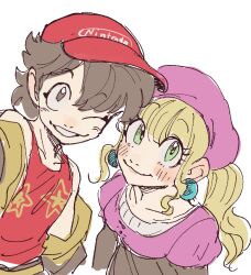 Rule 34 | 1boy, 1girl, baseball cap, beret, blonde hair, blush, brown eyes, brown hair, dancho no mori, diddy kong, dixie kong, donkey kong (series), donkey kong country, earrings, green eyes, grin, hat, jacket, jacket on shoulders, jewelry, long hair, looking at viewer, looking up, nintendo, one eye closed, personification, ponytail, sketch, smile, tank top, white background