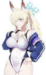 1girl absurdres animal_ear_fluff animal_ears armband blonde_hair blue_archive blue_eyes blue_halo blue_jacket breasts commentary_request competition_swimsuit contrapposto covered_navel dog_ears dog_girl extra_ears hair_over_one_eye halo hand_on_own_chest hand_on_own_hip highleg highleg_one-piece_swimsuit highres jacket kanna_(blue_archive) kanna_(swimsuit)_(blue_archive) large_breasts long_hair looking_at_viewer morisantarou notched_ear official_alternate_costume one-piece_swimsuit ponytail purple_armband simple_background solo swimsuit whistle whistle_around_neck white_background white_one-piece_swimsuit