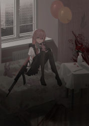 1girl :d absurdres aek-971 apron balloon black_dress black_gloves black_thighhighs blood bow brown_eyes chihuri commentary_request dress flower fork gloves gun hair_between_eyes hair_ribbon heart highres holding holding_gun holding_weapon indoors juliet_sleeves knees_up long_hair long_sleeves no_shoes open_mouth original petals pink_hair ponytail puffy_sleeves radiator red_flower red_rose ribbon rose shirt sidelocks sitting sleeveless sleeveless_dress smile solo stuffed_animal stuffed_rabbit stuffed_toy table teddy_bear thighhighs vase very_long_hair waist_apron weapon white_apron white_bow white_flower white_ribbon white_shirt window wooden_floor yana_(chihuri)