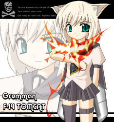 1girl aircraft airplane animal_ears asymmetrical_clothes bird blonde_hair cat_ears character_name f-14 f14_(tetsuwan_atom) female_focus g-774 green_eyes jet mecha_musume military missile original phoenix skirt skull_and_crossbones solo sukezaemon_(stainless_night) thighhighs zoom_layer