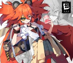 1girl ahoge alternate_costume animal_ears bag bag_charm bear_ears bright_pupils cardigan cardigan_around_waist charm_(object) clothes_around_waist collarbone collared_shirt commentary english_commentary eyepatch fake_animal_ears frown grey_skirt grimace gyaru hair_between_eyes highres holding holding_milk_carton kogal koleda_belobog long_hair looking_at_viewer low_twintails milk_carton necktie open_clothes open_shirt pants pants_under_skirt plaid_clothes plaid_skirt pleated_skirt red_eyes red_hair red_pants school_bag scrunchie sharp_teeth shirt skirt sleeves_rolled_up solo standing strawberry_milk teeth track_pants twintails unbuttoned upper_body very_long_hair white_pupils white_shirt wrist_scrunchie yotte zenless_zone_zero zoom_layer