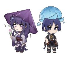 1boy 1girl alternate_headwear arm_at_side black_bodysuit black_kimono black_leggings black_sandals black_shorts black_sleeves black_thighhighs blue_hat blunt_ends blush bodysuit breasts chibi cleavage clenched_hand closed_mouth dango eyelashes eyeliner eyeshadow fan_hair_ornament flower food fungi_(genshin_impact) furisode genshin_impact gold grey_shrug grey_sleeves hair_flower hair_ornament hair_tie hand_up hands_on_own_hips hat highres holding holding_food japanese_clothes jewelry juban kimono kimono_skirt layered_sleeves leggings lillii_nya long_hair long_sleeves looking_at_viewer looking_to_the_side low-braided_long_hair low-tied_long_hair makeup mandarin_collar mitsudomoe_(shape) mole mole_under_eye mother_and_son neck_ring o-ring obi obiage obijime open_clothes open_kimono pelvic_curtain purple_eyes purple_flower purple_hair purple_kimono purple_rope purple_sash purple_sleeves purple_trim purple_umbrella raiden_shogun red_eyeliner red_eyeshadow red_kimono red_sash rope sandals sanshoku_dango sash scaramouche_(genshin_impact) shimenawa short_sleeves shorts shrug_(clothing) standing string tassel thighhighs tomoe_(symbol) umbrella wagashi white_background white_kimono white_rope wide_sleeves zouri