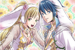 1boy 1girl alfonse_(fire_emblem) alfonse_(spring_prince)_(fire_emblem) animal_ears blonde_hair blue_hair breasts brother_and_sister cleavage fake_animal_ears fire_emblem fire_emblem_heroes gradient_hair green_eyes long_hair looking_at_viewer medium_breasts multicolored_hair nintendo official_alternate_costume open_mouth pink_hair rabbit_ears sharena_(fire_emblem) sharena_(spring_princess)_(fire_emblem) siblings yoneko