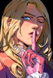 Rule 34 | 1boy, black background, blue eyes, commentary, curtained hair, eyelashes, frilled sleeves, frills, funny valentine, gloves, haddockkkk, hair behind ear, highres, index finger raised, jacket, jojo no kimyou na bouken, long hair, looking to the side, male focus, one eye closed, parted lips, pink gloves, pink jacket, sideways glance, simple background, solo, steel ball run, upper body