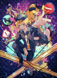 1boy 1girl :q backwards_hat black_hat black_jacket black_pants black_sailor_collar black_shoes black_skirt blonde_hair blue_eyes brother_and_sister chain chain_necklace closed_mouth commentary_request double-parted_bangs full_body grin hair_between_eyes hair_ornament hairclip hat highres jacket jewelry kagamine_len kagamine_rin long_sleeves looking_at_viewer necklace open_clothes open_jacket outstretched_arm pants parallel_hairclips pointing rettou_joutou_(vocaloid) road_sign sailor_collar sazanami_(ripple1996) shoes short_hair siblings sign sitting skirt smile tongue tongue_out vocaloid