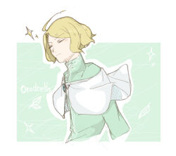 Rule 34 | 1boy, blonde hair, blunt ends, character name, closed eyes, closed mouth, collar, elf, eyebrows hidden by hair, eyelashes, floating clothes, leaf, male focus, orodreth, pixiv id 43894224, pointy ears, solo, sparkle, the silmarillion, tolkien&#039;s legendarium, upper body