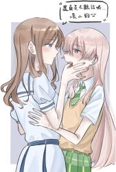 Rule 34 | 2girls, bang dream!, bang dream! it&#039;s mygo!!!!!, bite mark, bite mark on neck, blue eyes, blush, brown hair, chihaya anon, chinese text, closed mouth, collared shirt, commentary, finger in another&#039;s mouth, green necktie, green skirt, grey eyes, haneoka school uniform, hashtag-only commentary, life hater art, long hair, looking at another, multiple girls, nagasaki soyo, necktie, pink hair, plaid clothes, plaid skirt, pleated skirt, sailor collar, school uniform, shirt, skirt, speech bubble, sweater vest, translation request, tsukinomori school uniform, white sailor collar, white shirt, yellow sweater vest, yuri