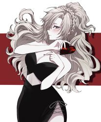 Rule 34 | 1girl, absurdres, alternate costume, bare shoulders, black dress, blush, braid, breasts, candy, chocolate, chocolate heart, chocolate on body, chocolate on breasts, cleavage, closed mouth, clothing cutout, commentary request, crown braid, dress, embarrassed, fate/grand order, fate (series), fingernails, floating hair, food, food on body, ginshima jill, grey hair, heart, heart-shaped food, highres, holding, holding food, kriemhild (fate), long hair, medium breasts, mole, mole under eye, pale skin, profile, simple background, solo, strapless, strapless dress, valentine, very long hair