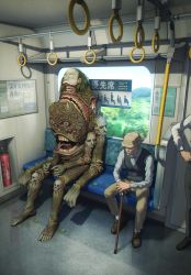 1boy 1other black_vest blue_eyes blue_shirt cane closed_eyes commentary extra_arms extra_eyes extra_mouth faceless faceless_male film_grain fire_extinguisher hand_grip highres horns horror_(theme) kiginobiru_(hayapi) leaf monster open_mouth original seat shirt sign sitting skull tongue tongue_out train_interior vest window