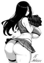 1girl absurdres ass bags_under_eyes bare_shoulders black_hair breasts cheering cheerleader crop_top ghost_girl greyscale hair_over_face hair_over_one_eye highres holding holding_pom_poms large_breasts long_hair looking_at_viewer lughost midriff miniskirt monochrome open_mouth pleated_skirt pom_pom_(cheerleading) pom_poms red_eyes scar scar_on_face scar_on_lip scar_on_mouth sideboob simple_background skirt sleeveless solo the_ring underboob very_long_hair white_background yamamura_sadako