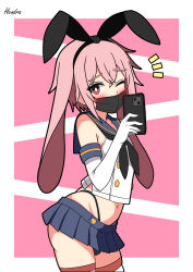 1boy absurdres animal_ears ansel_(arknights) arknights artist_name black_neckerchief black_panties blue_sailor_collar blue_skirt cellphone cosplay cowboy_shot cropped_shirt crossdressing crossdressing_(mtf) elbow_gloves extra_ears fake_animal_ears gloves hendra highleg highleg_panties highres holding holding_phone kantai_collection looking_at_viewer lop_rabbit_ears male_focus mask microskirt midriff mirror_selfie mouth_mask navel neckerchief notice_lines one_eye_closed panties phone pink_background pink_hair rabbit_boy rabbit_ears red_eyes red_thighhighs sailor_collar sailor_shirt school_uniform selfie serafuku shimakaze_(kancolle) shimakaze_(kancolle)_(cosplay) shirt short-hair signature simple_background skirt sleeveless sleeveless_shirt smartphone solo striped_clothes striped_thighhighs thighhighs trap underwear white_gloves white_shirt