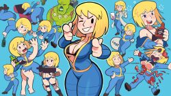 1girl beaker black_bra blonde_hair blue_background blue_bodysuit bodysuit bra breasts cleavage commentary drunk fallout fallout_4 gashi-gashi glasses highres looking_at_viewer medium_breasts multiple_views mutation navel one_eye_closed open_bodysuit open_clothes parted_lips short_hair simple_background smile squeans symbol-only_commentary treasure_chest underwear vault_girl