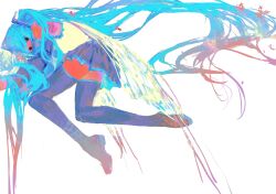 Rule 34 | 1girl, absurdly long hair, aqua hair, black eyes, boots, chinese commentary, colored skin, commentary request, covering own mouth, detached sleeves, flower, full body, gradient hair, hair flower, hair ornament, hair spread out, hatsune miku, highres, huaji niang, insect wings, long hair, looking at viewer, lying, multicolored hair, number tattoo, on side, orange flower, orange hair, orange skin, purple boots, purple skirt, shinu semi wa kangaeru. (vocaloid), shirt, shoulder tattoo, simple background, skirt, sleeveless, sleeveless shirt, solo, tattoo, thigh boots, very long hair, vocaloid, white background, wings, yellow shirt