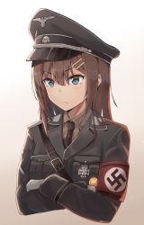 1girl armband blue_eyes brown_hair commentary cross crossed_arms female_focus hair_ornament hairpin hat highres iron_cross long_hair military military_dress_uniform military_hat military_uniform multiple_hairpins nazi necktie original peaked_cap reichsadler simple_background solo swastika totenkopf unicron_(brous) upper_body world_war_ii