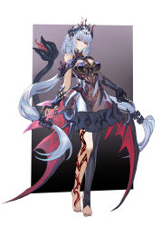 1girl absurdres blue_hair breasts castorice_(honkai:_star_rail) circlet claw_ring commentary_request crotch_plate dark_persona demon_girl demon_horns demon_tail demon_wings dress elbow_gloves full-body_tattoo full_body gloves grin highres honkai:_star_rail honkai_(series) horns large_variant_set long_hair looking_at_viewer low_wings medium_breasts paid_reward_available pointy_ears red_eyes see-through_clothes see-through_dress shen_hai_ichigo single_elbow_glove single_thighhigh smile solo stirrup_legwear tail tattoo thighhighs toeless_legwear variant_set very_long_hair wings