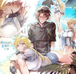 Rule 34 | 1boy, 1girl, alternate costume, arm around waist, arms behind back, beach, black gloves, black sailor collar, black shirt, blonde hair, blue eyes, blue nails, blue sailor collar, blue sky, blush, breasts, brown gloves, brown hair, chest strap, closed eyes, cloud strife, cloud strife (cosplay), cloud strife (maritime sailor), cosplay, crop top, dated, day, eyewear on head, facing away, final fantasy, final fantasy vii, final fantasy viii, fingerless gloves, flustered, french kiss, furrowed brow, genderswap, genderswap (mtf), gloves, hand on another&#039;s cheek, hand on another&#039;s face, hand on own face, head out of frame, hetero, highres, holding, holding swim ring, innertube, kiss, knee blush, lily (shio1006), long hair, lying, multiple views, nose blush, on lap, one-piece swimsuit, outdoors, palm tree, sailor, sailor collar, saliva, sand, scar, scar on face, shirt, short hair, short sleeves, signature, single fingerless glove, sitting, sky, sleeve cuffs, spread legs, squall leonhart, sunglasses, suspenders, sweat, swim ring, swimsuit, tree, umbrella, white one-piece swimsuit, white shirt, wrist cuffs