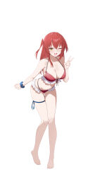 1girl absurdres alternate_breast_size bare_legs bare_shoulders barefoot bikini bocchi_the_rock! breasts cleavage collarbone feet frilled_bikini frills front-tie_bikini_top front-tie_top full_body green_eyes halterneck hand_up highres kita_ikuyo large_breasts leaning_forward long_hair looking_at_viewer navel one_eye_closed one_side_up open_mouth red_bikini red_hair scrunchie simple_background smile solo stomach string_bikini sukaliya swimsuit thigh_strap thighs toes v white_background wrist_scrunchie