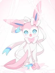 Rule 34 | blue eyes, commentary, fang, full body, gen 6 pokemon, hashtag-only commentary, highres, looking at viewer, nintendo, no humans, open mouth, pokemon, pokemon (creature), sok (mr14 c), solo, sylveon, white background