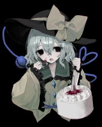 Rule 34 | 1girl, black background, black eyes, black hat, buttons, cake, diamond button, eyeball, food, food on face, fork, frilled shirt collar, frilled sleeves, frills, green hair, hat, hat ribbon, hayu (hayu0305), heart, heart of string, highres, holding, holding fork, holding knife, knife, koishi day, komeiji koishi, ribbon, shirt, third eye, touhou, wide sleeves, yellow ribbon, yellow shirt
