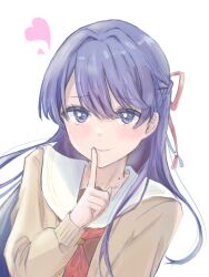 Rule 34 | 1girl, blue eyes, blue hair, blush, brown cardigan, brown dress, cardigan, commentary request, dress, finger to mouth, hair ribbon, hasu no sora school uniform, heart, highres, link! like! love live!, long hair, long sleeves, love live!, mole, mole on neck, murano sayaka, neckerchief, nervous smile, red neckerchief, red ribbon, ribbon, sailor collar, school uniform, smile, solo, tikuwa l, white background, white sailor collar